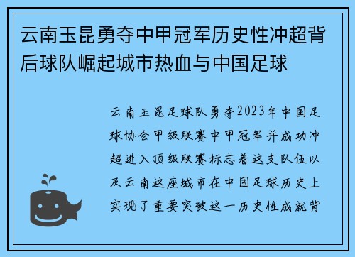 云南玉昆勇夺中甲冠军历史性冲超背后球队崛起城市热血与中国足球 云南玉昆勇夺中甲冠军历史性冲超背后球队崛起城市热血与中国足球