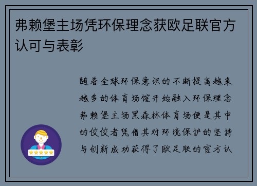 弗赖堡主场凭环保理念获欧足联官方认可与表彰