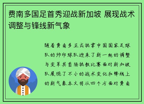 费南多国足首秀迎战新加坡 展现战术调整与锋线新气象 费南多国足首秀迎战新加坡 展现战术调整与锋线新气象